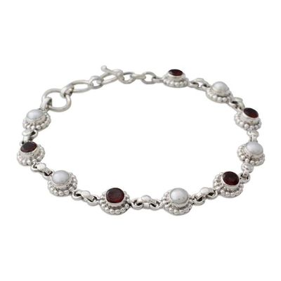 Alternate image for Sterling Silver Bracelet with Garnet and Cultured Pearls Petite Flowers