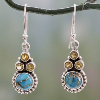 Primary image for Indian Sterling Silver Earrings with Citrine and Turquoise Petite Flowers