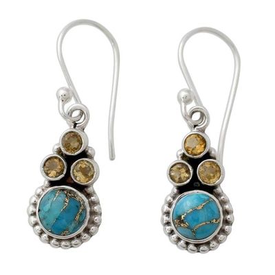 Alternate image for Indian Sterling Silver Earrings with Citrine and Turquoise Petite Flowers