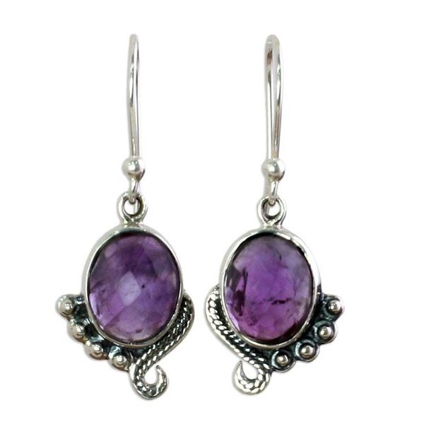 Alternate image for Handmade Sterling Silver Amethyst Dangle Earrings from India Indian Delight in Purple