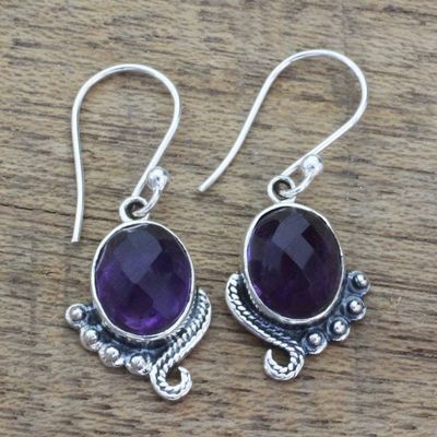 Alternate image for Handmade Sterling Silver Amethyst Dangle Earrings from India Indian Delight in Purple