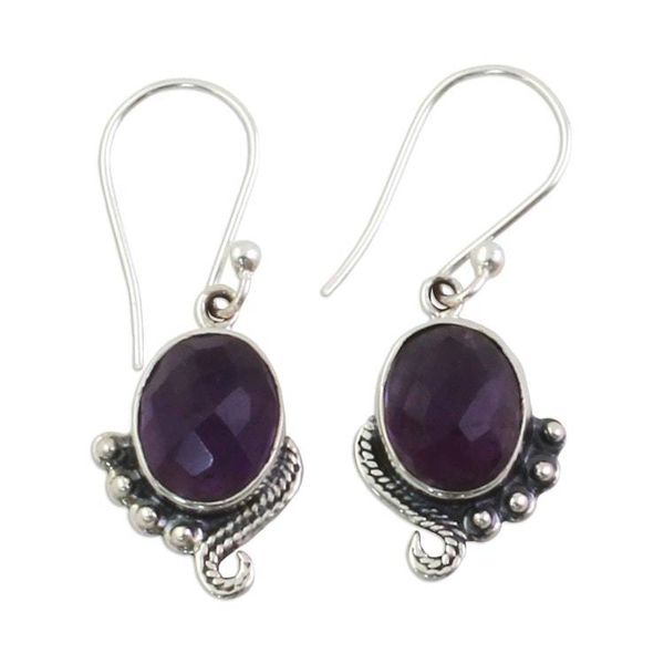 Alternate image for Handmade Sterling Silver Amethyst Dangle Earrings from India Indian Delight in Purple