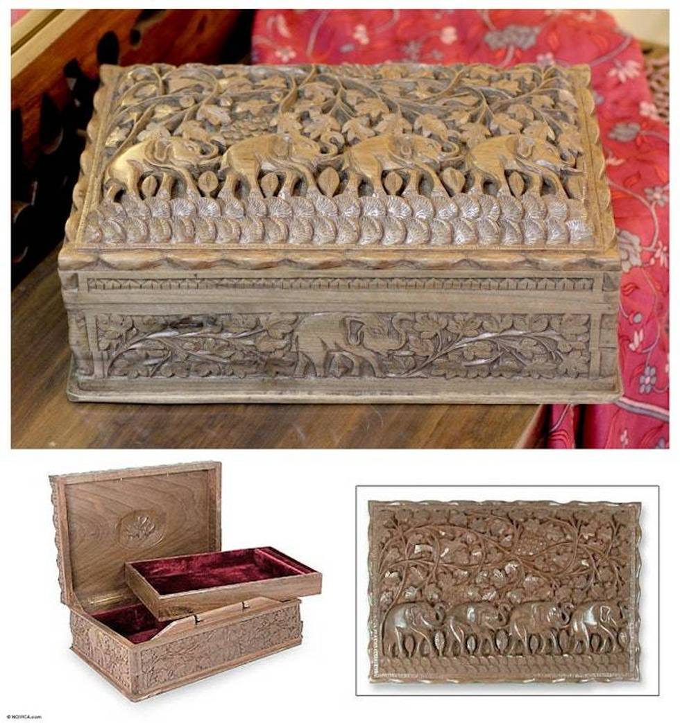 Walnut jewelry box 'Elephant Trek'