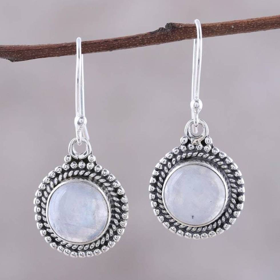 Round Rainbow Moonstone Dangle Earrings from India 'Moonlight Dots'