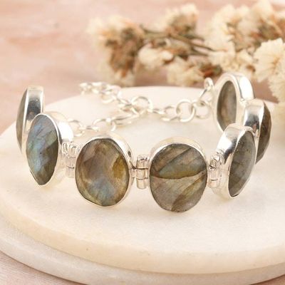 Alternate image for Sterling Silver Link Bracelet with 60-Carat Labradorite Gems Magic Shields