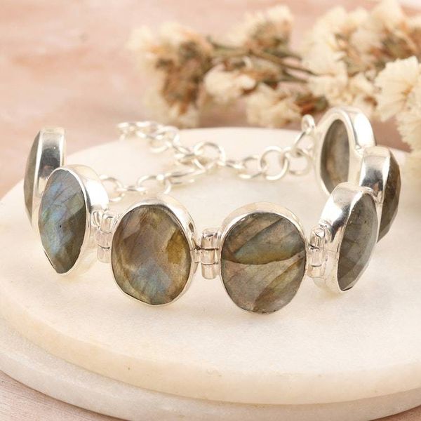 Alternate image for Sterling Silver Link Bracelet with 60-Carat Labradorite Gems Magic Shields