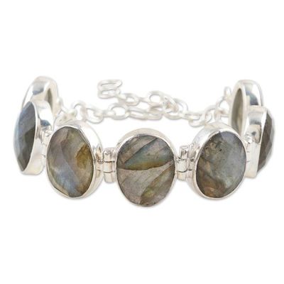 Alternate image for Sterling Silver Link Bracelet with 60-Carat Labradorite Gems Magic Shields