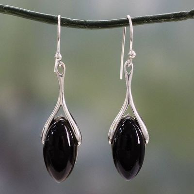 Alternate image for Polished Sterling Silver and Onyx Dangle Earrings Wishbone