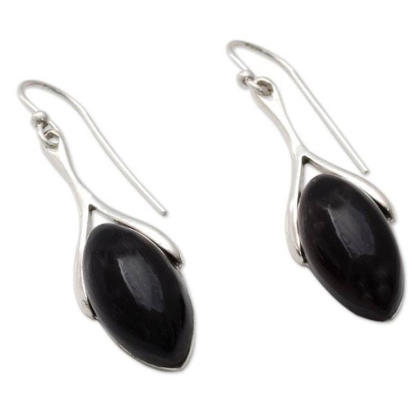 Alternate image for Polished Sterling Silver and Onyx Dangle Earrings Wishbone