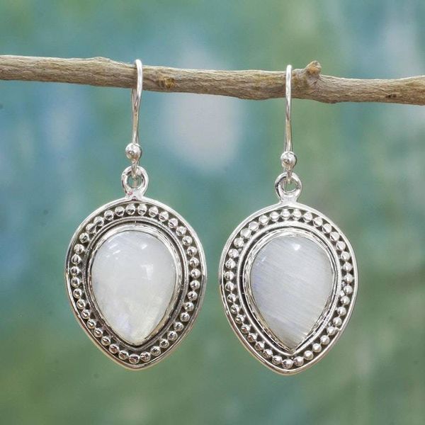 Alternate image for Sterling Silver Rainbow Moonstone Dangle Earrings from India Gleaming Petals