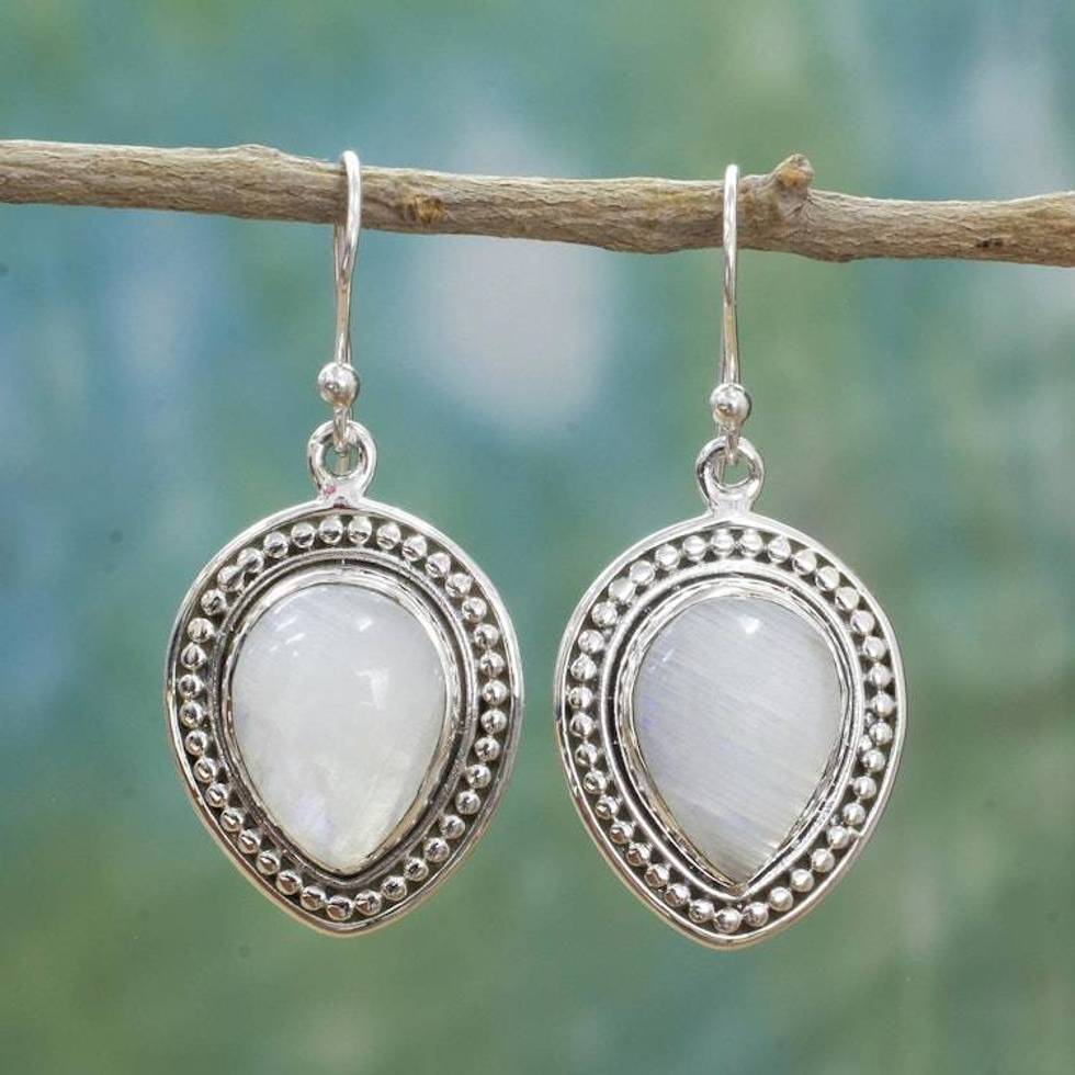 Sterling Silver Rainbow Moonstone Dangle Earrings from India 'Gleaming Petals'