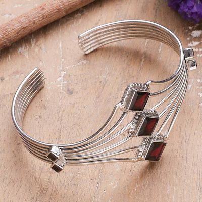 Primary image for Modern Sterling Silver and Faceted Garnet Cuff Bracelet Glamour