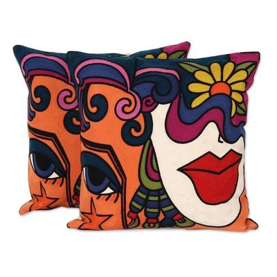 Alternate image for Feminine Embroidered Cotton Cushion Covers from India Pair Female Beauty