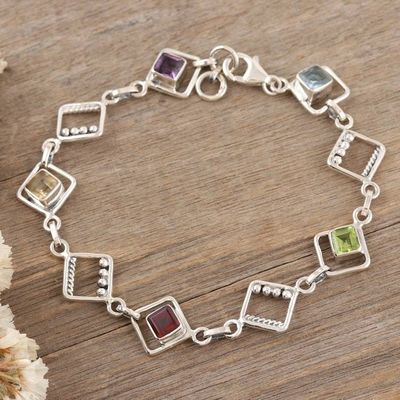 Primary image for Multi-gemstone Sterling Silver Link Bracelet from India Colorful Harmony