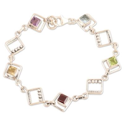 Alternate image for Multi-gemstone Sterling Silver Link Bracelet from India Colorful Harmony