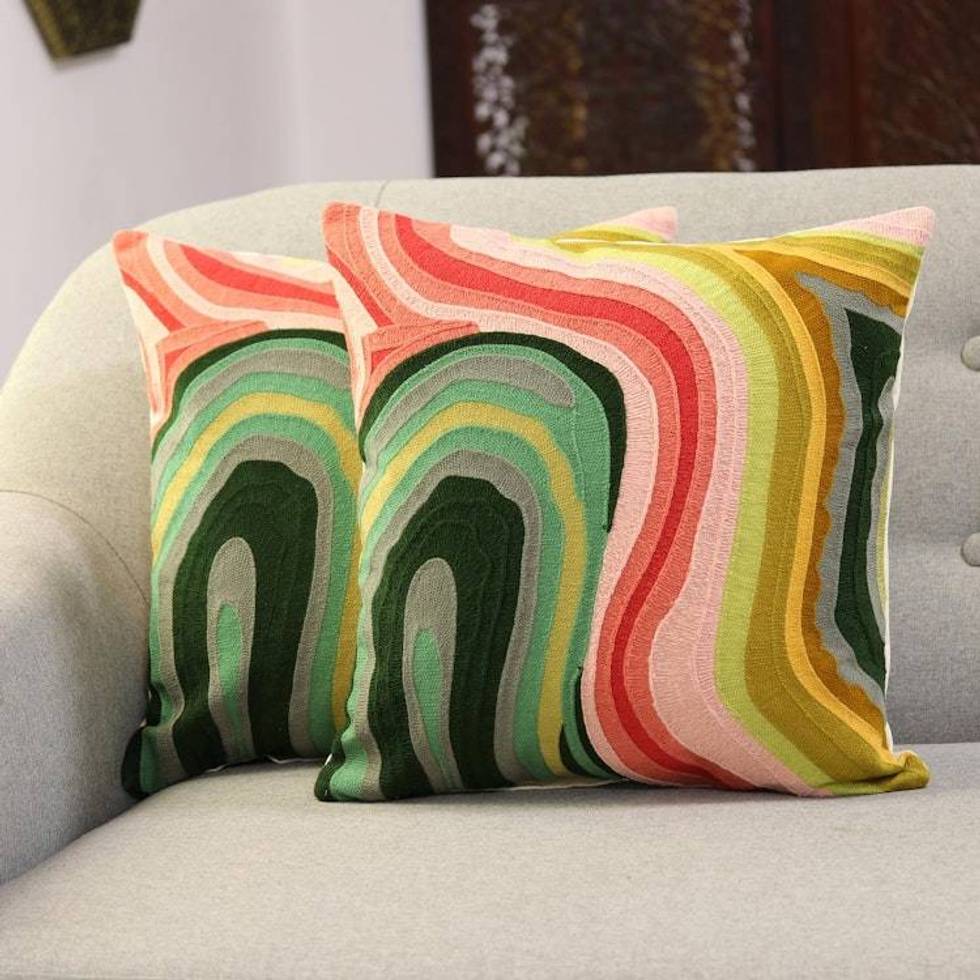 Colorful Abstract Embroidered Cotton Cushion Covers Pair 'Abstract Evening'