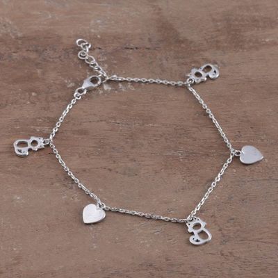 Primary image for Adjustable Silver Bracelet with Heart and Hollow Cat Charms Kitty Love