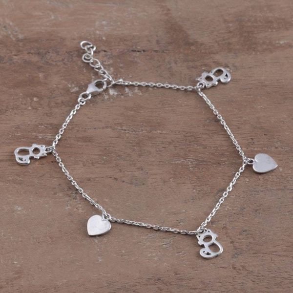 Alternate image for Adjustable Silver Bracelet with Heart and Hollow Cat Charms Kitty Love