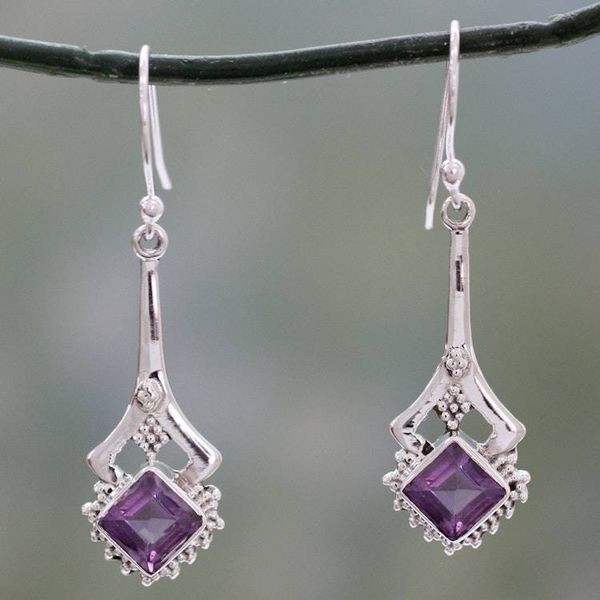 Alternate image for Indian Artisan Amethyst Dangle Earrings in Sterling Silver Modern Jaipur