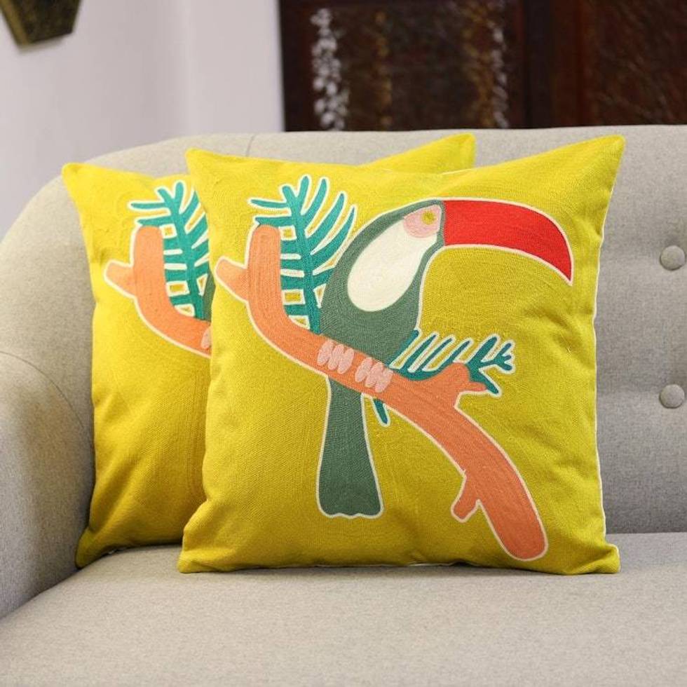 Toucan-Themed Embroidered Cotton Cushion Covers Pair 'Toucan'