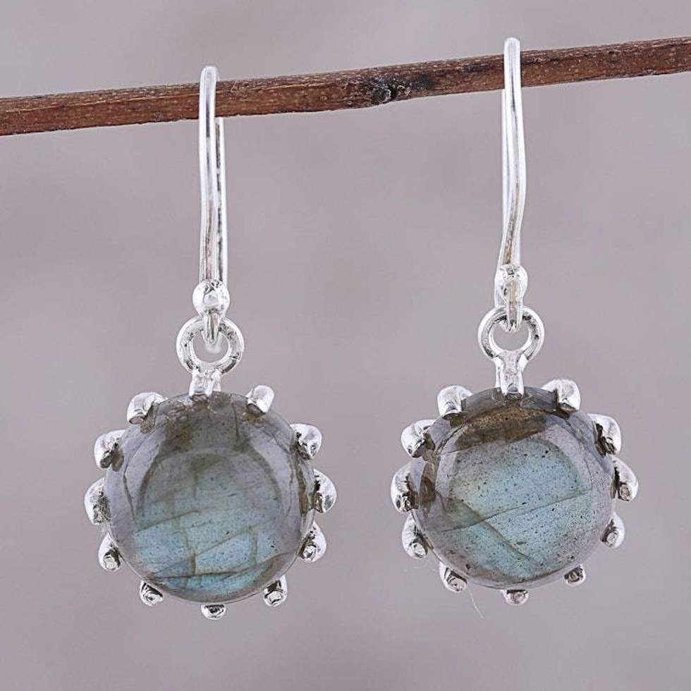 Round Sterling Silver and Labradorite Dangle Earrings 'Evening Bloom'