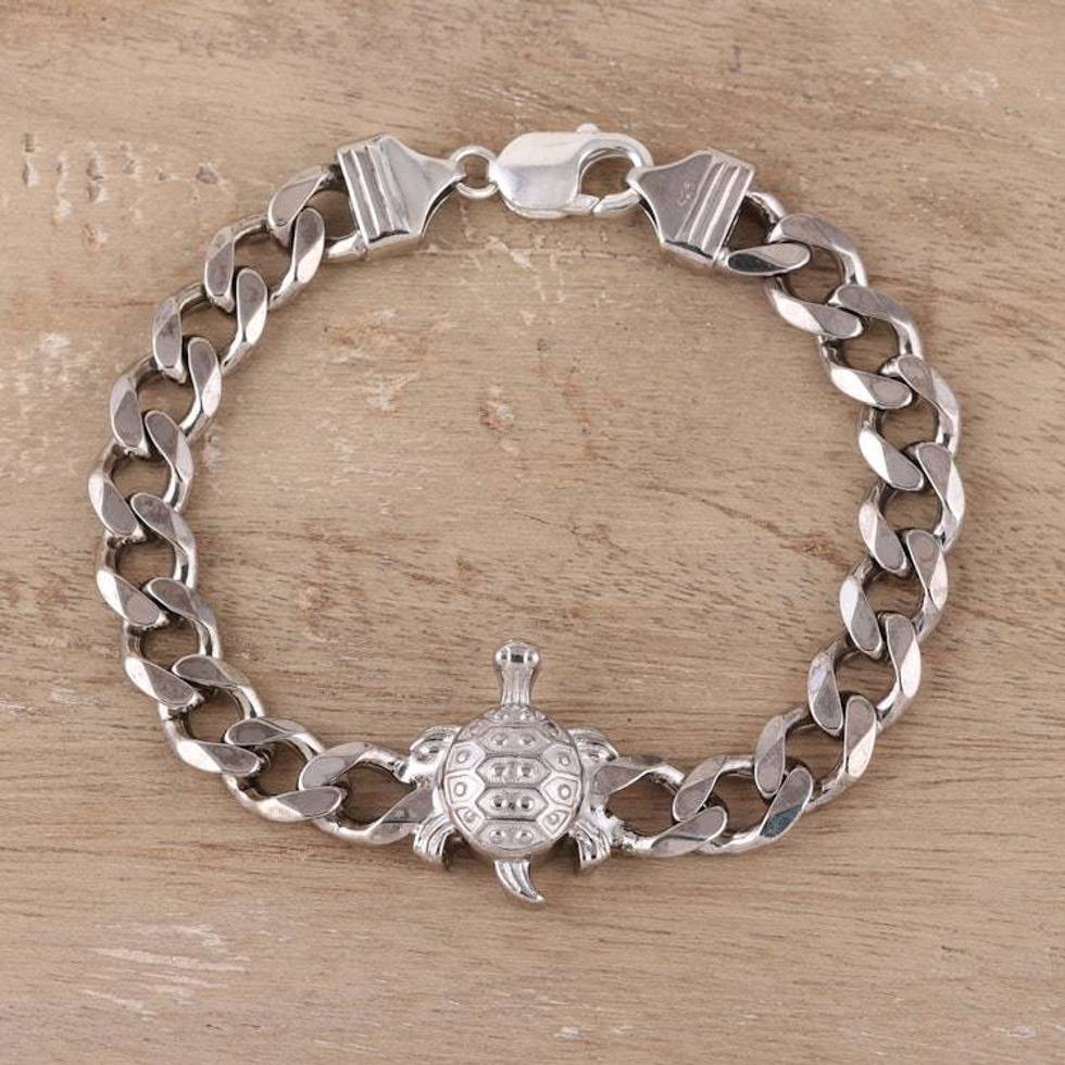 Men's Rhodium Plated Sterling Silver Turtle Pendant Bracelet 'Turtle Gleam'