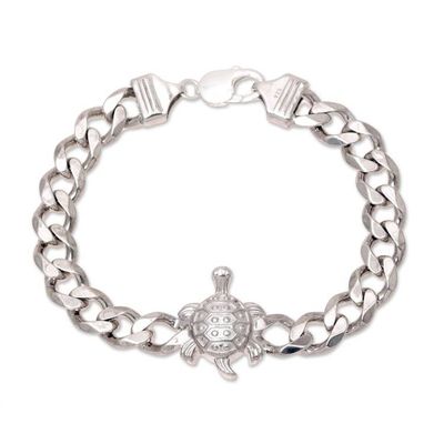 Alternate image for Mens Rhodium Plated Sterling Silver Turtle Pendant Bracelet Turtle Gleam