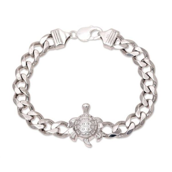 Alternate image for Mens Rhodium Plated Sterling Silver Turtle Pendant Bracelet Turtle Gleam