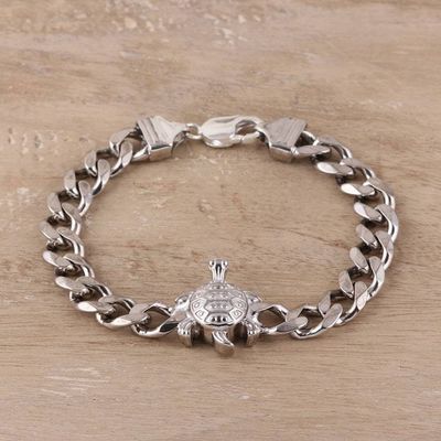 Alternate image for Mens Rhodium Plated Sterling Silver Turtle Pendant Bracelet Turtle Gleam