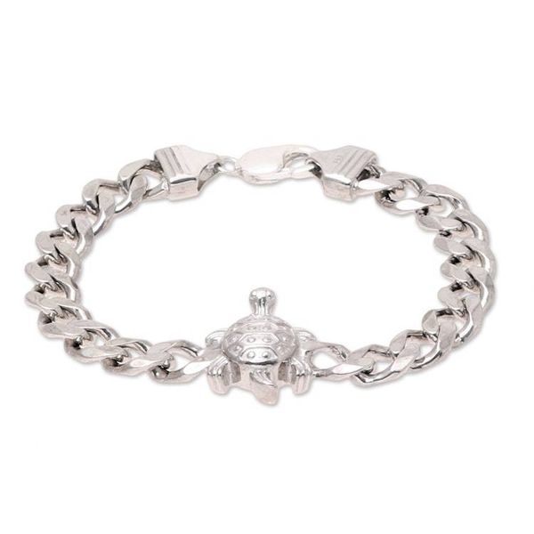 Alternate image for Mens Rhodium Plated Sterling Silver Turtle Pendant Bracelet Turtle Gleam
