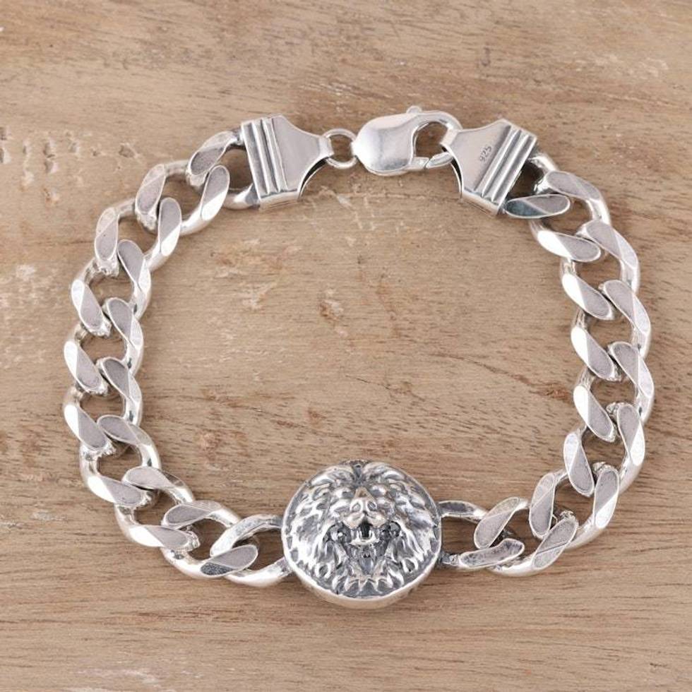 Men's Rhodium Plated Sterling Silver Lion Bracelet 'Roar of the Lion'
