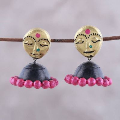 Primary image for Hand-Painted Feminine Ceramic Dangle Earrings from India Golden Ladies