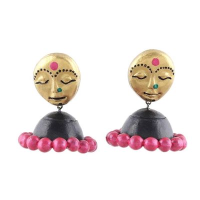 Alternate image for Hand-Painted Feminine Ceramic Dangle Earrings from India Golden Ladies