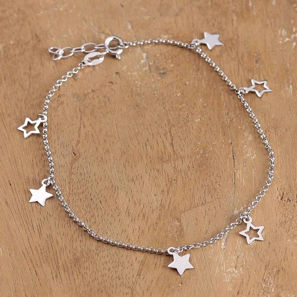 Sterling Silver Anklet with Openwork and Solid Star Charms 'Stellar Dreamcatcher'
