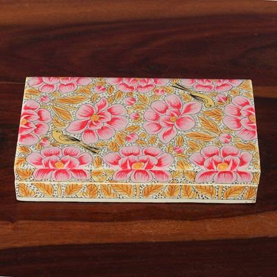 Primary image for Pink Papier Mache on Wood Floral Leaf  Bird Decorative Box Blooming Kashmir in Pink