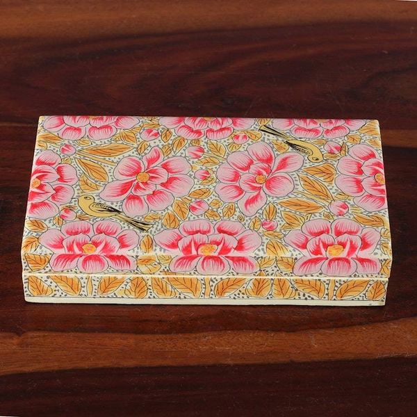 Alternate image for Pink Papier Mache on Wood Floral Leaf  Bird Decorative Box Blooming Kashmir in Pink