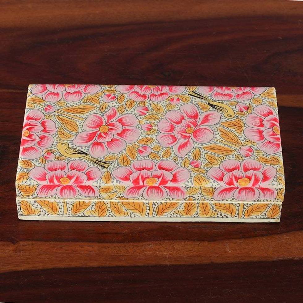 Pink Papier Mache on Wood Floral Leaf Bird Decorative Box 'Blooming Kashmir in Pink'