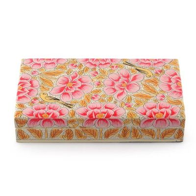 Alternate image for Pink Papier Mache on Wood Floral Leaf  Bird Decorative Box Blooming Kashmir in Pink