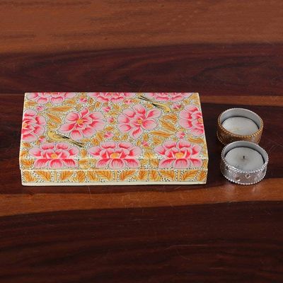 Alternate image for Pink Papier Mache on Wood Floral Leaf  Bird Decorative Box Blooming Kashmir in Pink