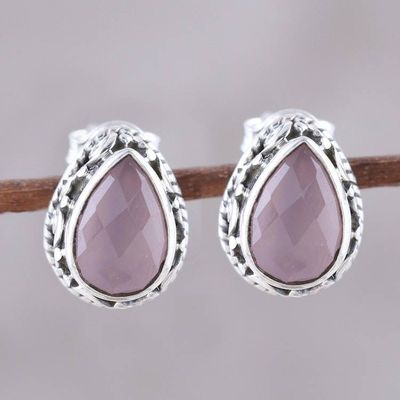 Alternate image for Soft Pink Chalcedony Teardrop Stud Earrings from India Soft Pink Mist