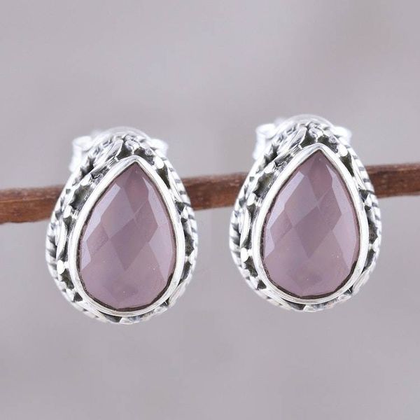 Alternate image for Soft Pink Chalcedony Teardrop Stud Earrings from India Soft Pink Mist