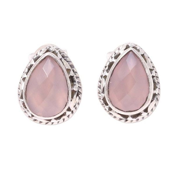 Alternate image for Soft Pink Chalcedony Teardrop Stud Earrings from India Soft Pink Mist