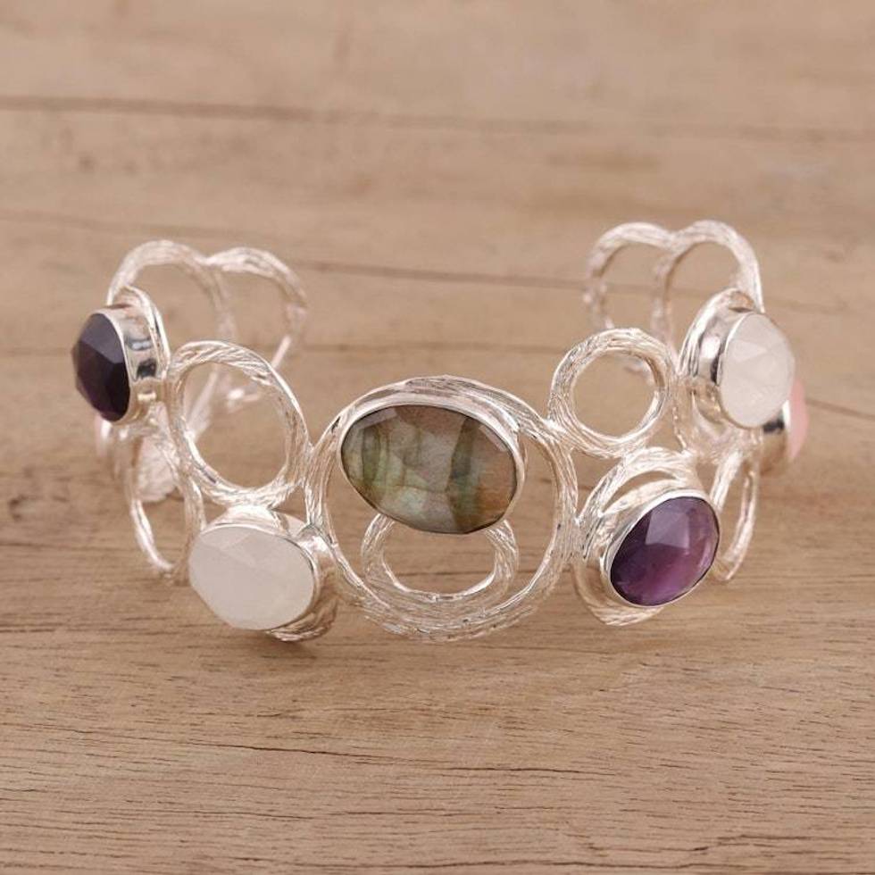 Multi-Gemstone Sterling Silver Cuff Bracelet from India 'Harmonious Luster'