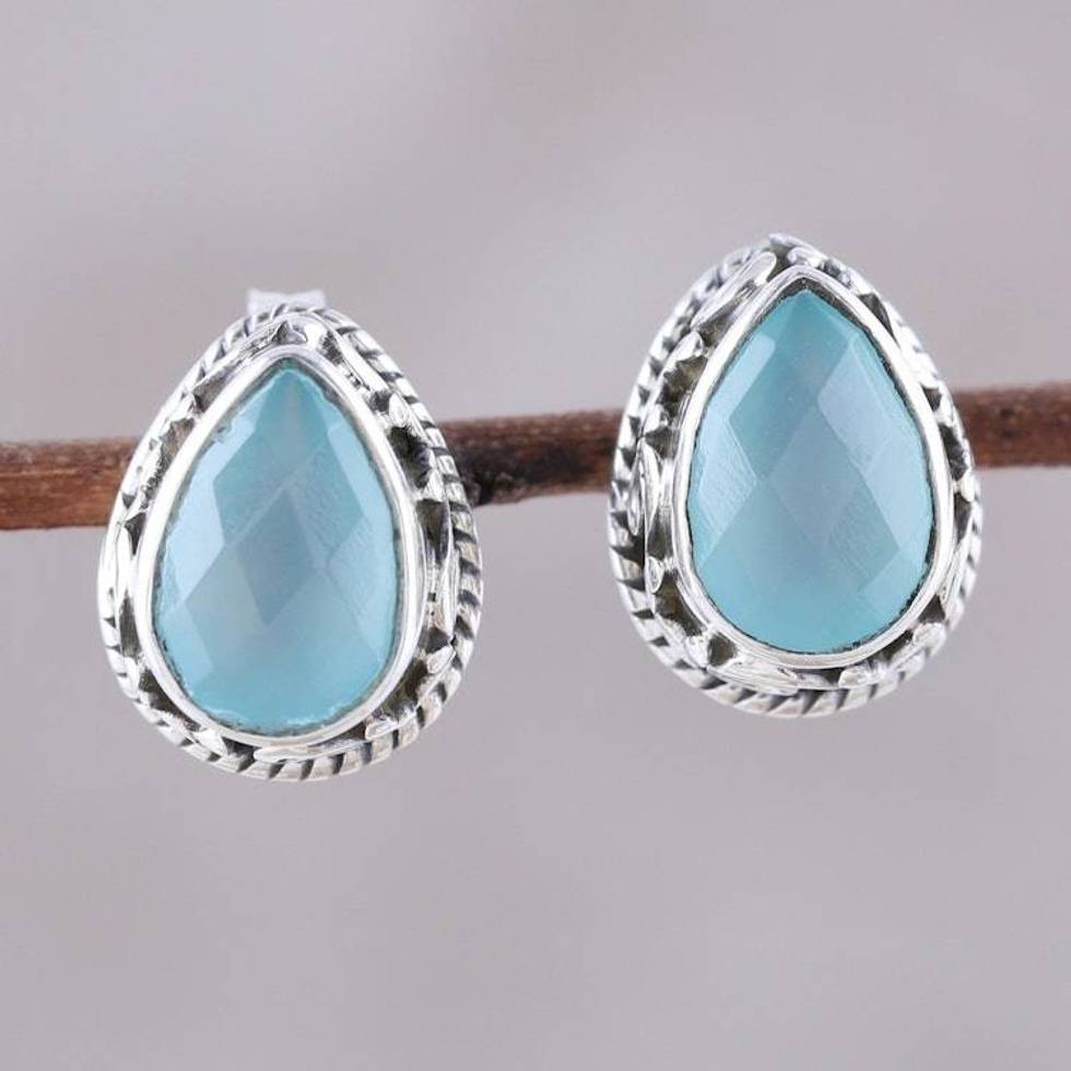 Sky Blue Chalcedony Teardrop Stud Earrings from India 'Sky Mist'