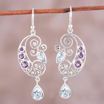 Alternate image for Handcrafted Amethyst and Blue Topaz Pendant Dangle Earrings Elegant Flutter