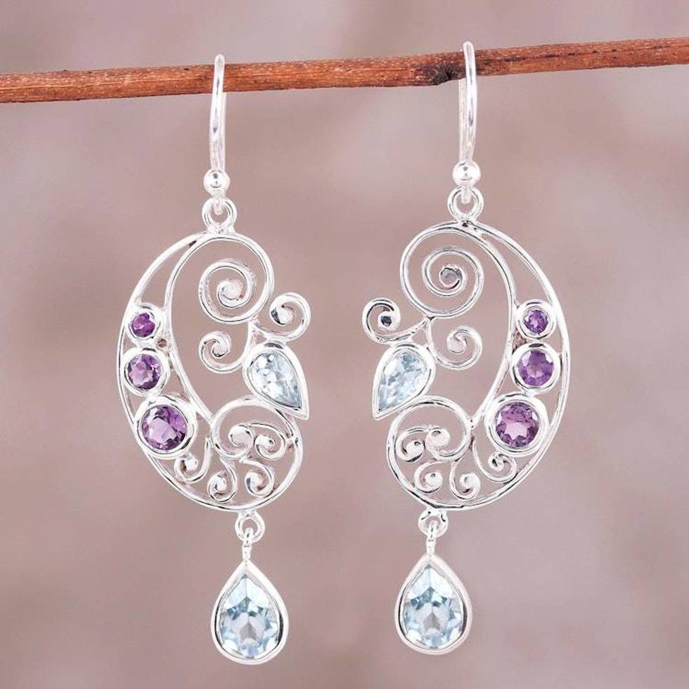 Handcrafted Amethyst and Blue Topaz Pendant Dangle Earrings 'Elegant Flutter'