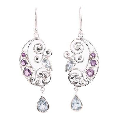 Alternate image for Handcrafted Amethyst and Blue Topaz Pendant Dangle Earrings Elegant Flutter