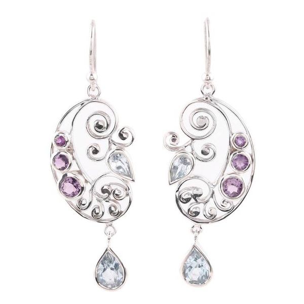 Alternate image for Handcrafted Amethyst and Blue Topaz Pendant Dangle Earrings Elegant Flutter