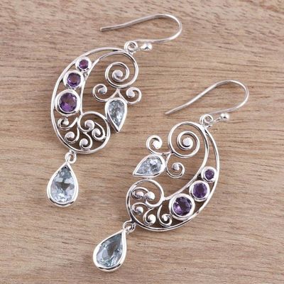 Alternate image for Handcrafted Amethyst and Blue Topaz Pendant Dangle Earrings Elegant Flutter