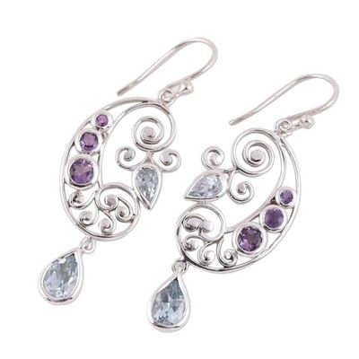 Alternate image for Handcrafted Amethyst and Blue Topaz Pendant Dangle Earrings Elegant Flutter